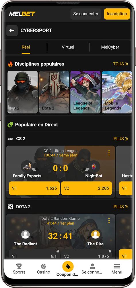 Capture d'écran de l'eSport dans l'application Melbet CI