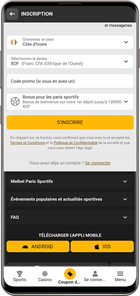 Capture d'écran de l'inscription dans l'application Melbet CI
